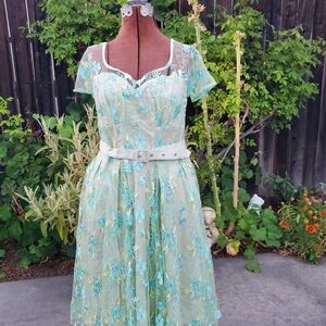 Miss Candyfloss Chic Embroidered Midi Dress in Mint and Aqua